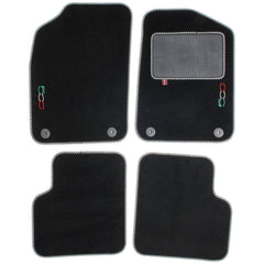 Fiat 500 2012 onwards over mat set with Fiat 500 logo and fixings shown in standard black automotive carpet